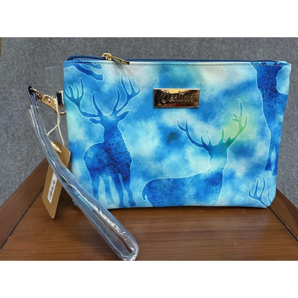Oeelinn Blue Tie Dye Deer Silhouette Canvas Wristlet Clutch Bag NWT